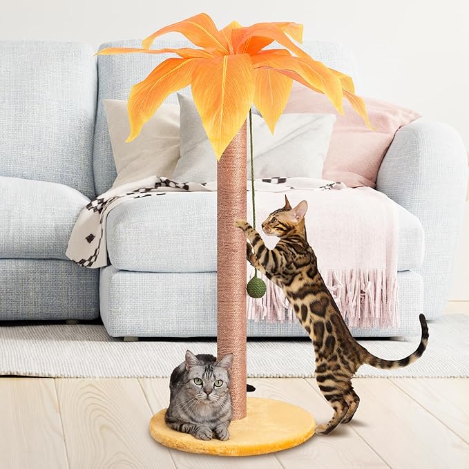 Scratching Post 33 inch Tall for Indoor Cats with Sisal Rope, Scratcher for Cute Kitten, Yellow