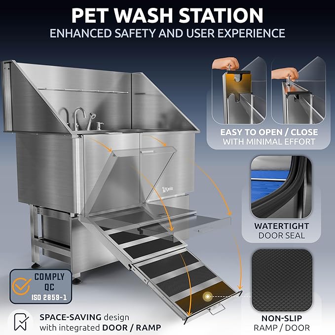KANIS Professional Dog Washing Station - 304 Stainless Steel Pet Wash Sink & Grooming Bath Tub for Home with Ramp, Shower, Floor Grate, Storage Drawers, and Faucet for Large, Medium & Small Pets