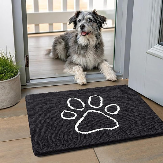 Smiry Dog Door Mat for Muddy Paws, Absorbent Dirt Trapper Non Slip Quick Dry Washable Chenille Mat for Mud Dogs, Entry Rug for Indoor and Outdoor (24x16 Inches, Black)