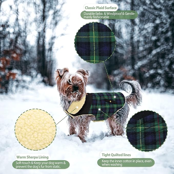 Winter Coat for Small and Medium Dogs, Puppy Plaid Jacket, Cotton Coat for Cold Weather, Windproof Warm Dog Garments, Pet Thickened Outfits Indoor Outdoor, Green XL
