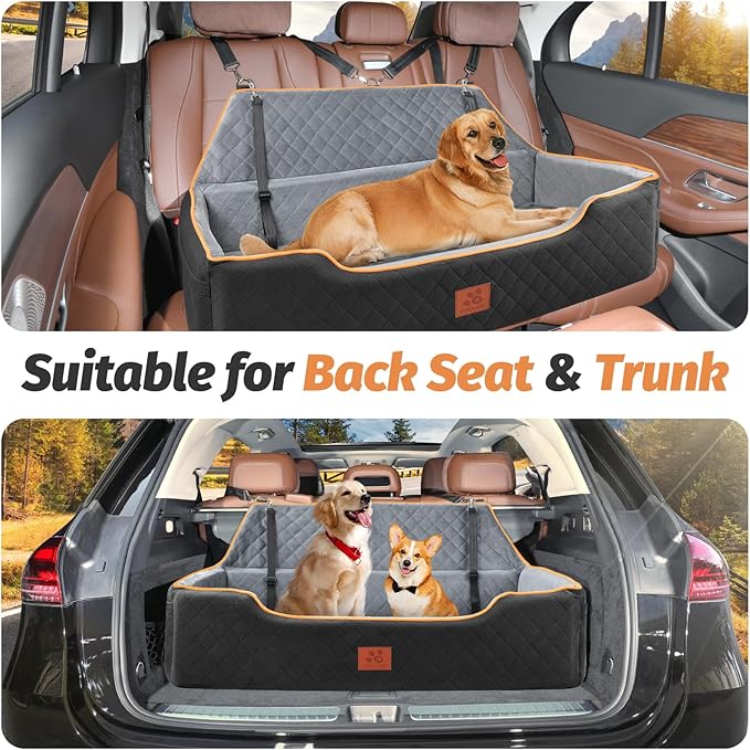 Dog Car Bed Booster, Comfortable Travel Seat for Large/Medium Dogs, Fully Detachable & Washable with Thick Cushion (Black&Gray)