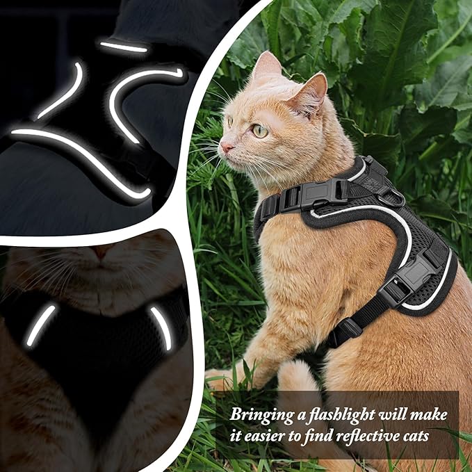 Cat Harness and Leash Set, Cat Car Harness, Soft and Breathable Vest with Reflective Strip, Anti Escape Adjustable Cat Harness, Easy to Wear for Cats Walking and Traveling, Black, M