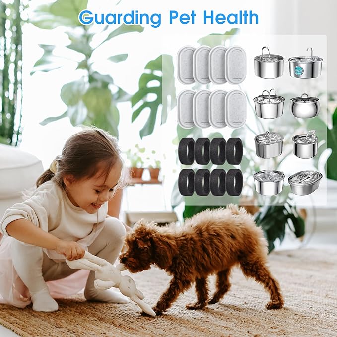 Cat Water Fountain Filters-8 Pack Replacement Filters & 8 Pack Replacement Pre-Filter Sponges Set for Stainless Steel 108/3.2L& 67oz/2L Adjustable Water Flow Pet Water Fountain