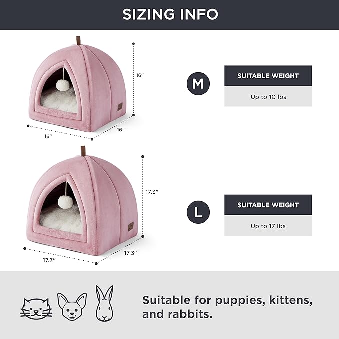 Bedsure Cat Beds for Indoor - 2 in 1 Cat Cave House Tent for Kittens and Small Pets with Removable Washable Cushioned Pillow, Foldable Kitten Hideaway with Non-Slip Bottom, Pink, 16 inches