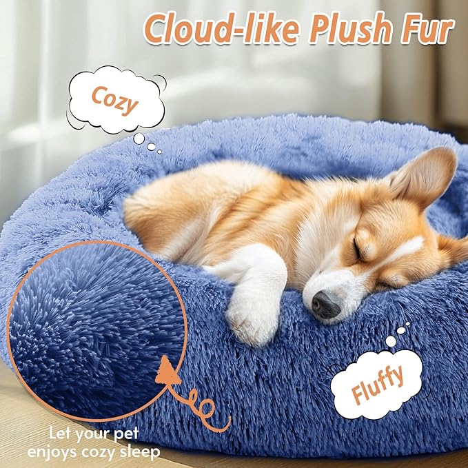 JOLLYVOGUE Medium Calming Dog Bed, Anti-Anxiety Donut Cuddler Cat Bed with Anti-Slip Bottom, Fluffy Faux Fur Machine Washable Pet Cushion for Medium Large Dog & Cat (31")