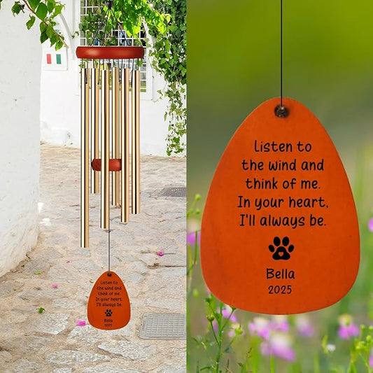Personalized Pet Memorial Wind Chimes Outside Garden Decor, 32 inch 37 inch Large-Sized Wind Chimes, Custom Sympathy Gift for Loss of Dog Cat (Golden)