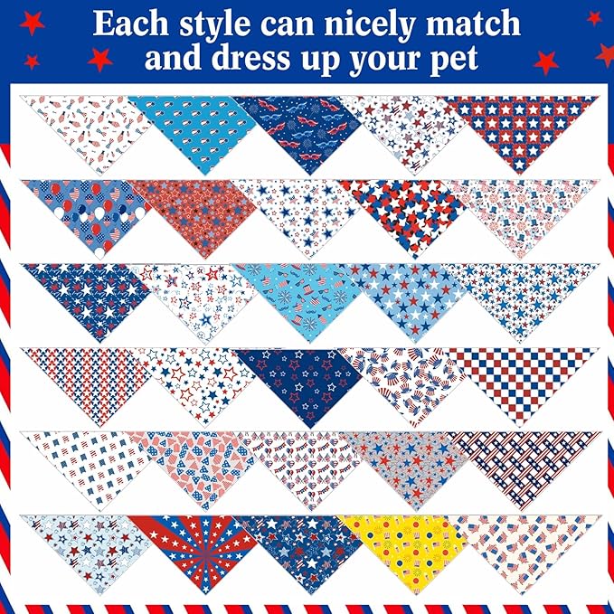 Aliceset 180 Pcs 4th of July Dog Bandanas Bulk Patriotic Dog Bandanas Independence Day Pet Scarf Bibs Soft Triangle Scarf Flag Neckerchief Adjustable Holiday Scarves for Small and Medium Pet