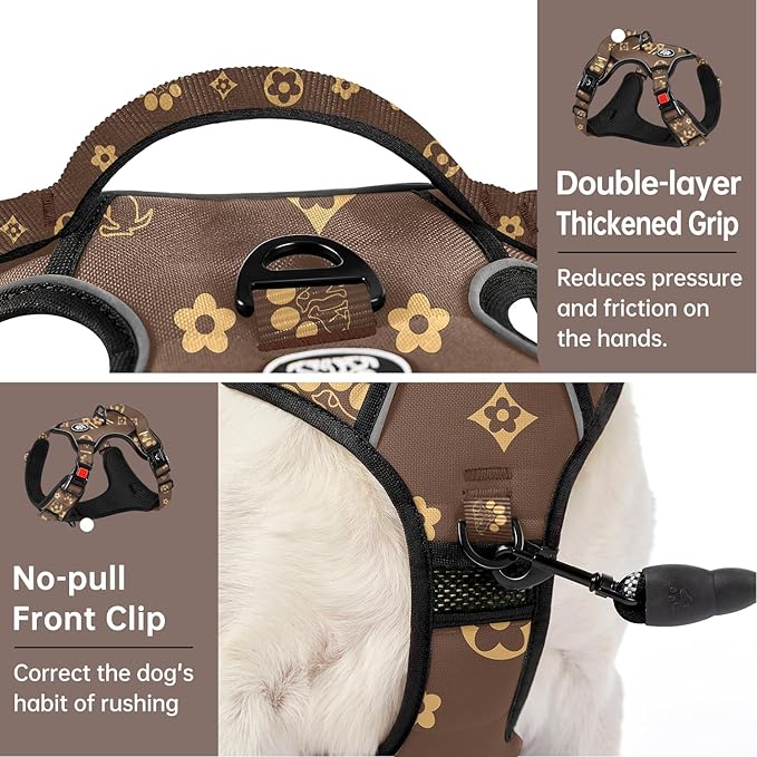 IVY&LANE No Pull Dog Harness with Leash Set, Reflective No Choke Pet Vest,Adjustable Oxford Dog Vest Harness with Easy Control Handle for Large Dogs (Dark Brown,L)
