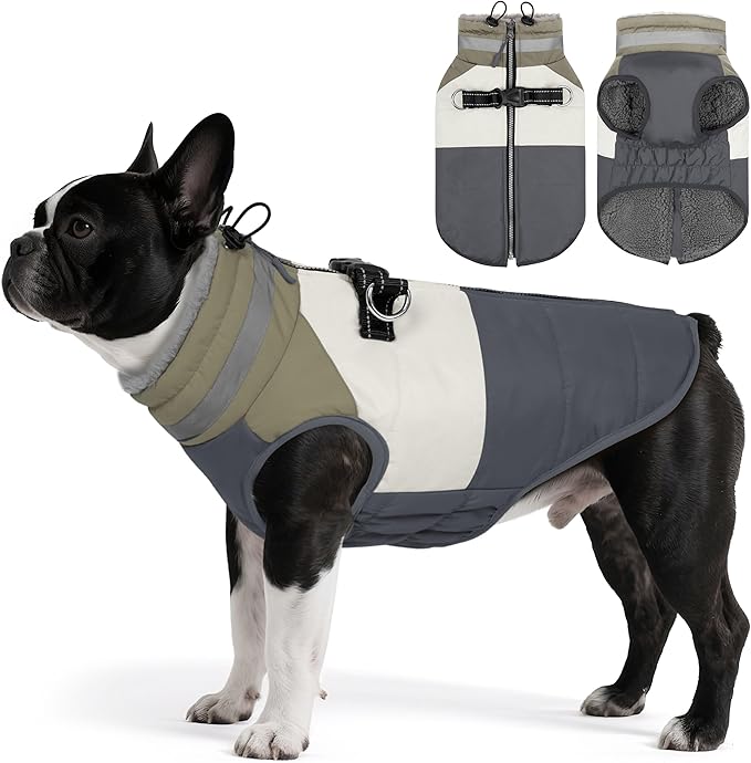 Dog Coats for Medium Dogs, Waterproof Dog Winter Jacket with Harness Built in, Cold Weather Coats, Reflective Zip-up Pet Vest, Warm Fleece Lined Dogs Snowsuit, Grey X-Large