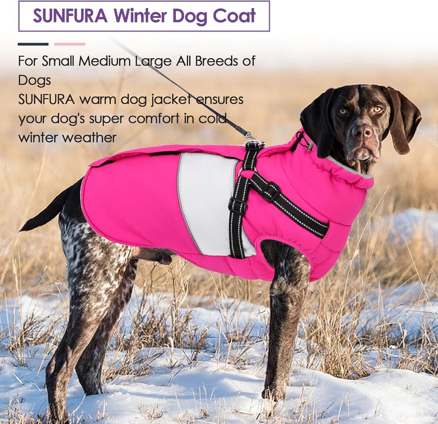 SUNFURA Dog Coat, XXL Dog Jacket Winter with Harness Built in, Waterproof Pet Snow Jacket with Furry Collar for Chilly Day, Reflective Fleece Snowsuit for Extra Large Dogs, Hot Pink 2XL