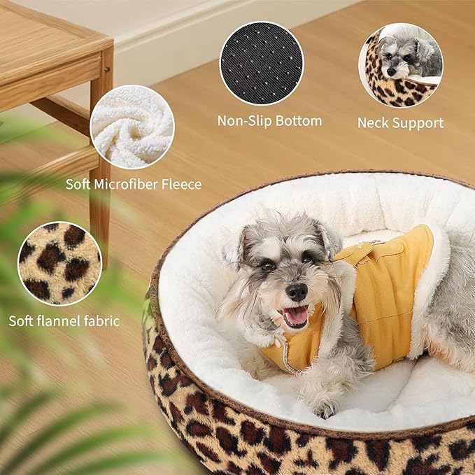 Cat Bed, 23In Dog Beds for Small Dogs, Calming Cat & Dog Beds for Indoor Pets, Pet Beds Comfortable Donut Round Ultra Soft (Leopard, Medium 23in)