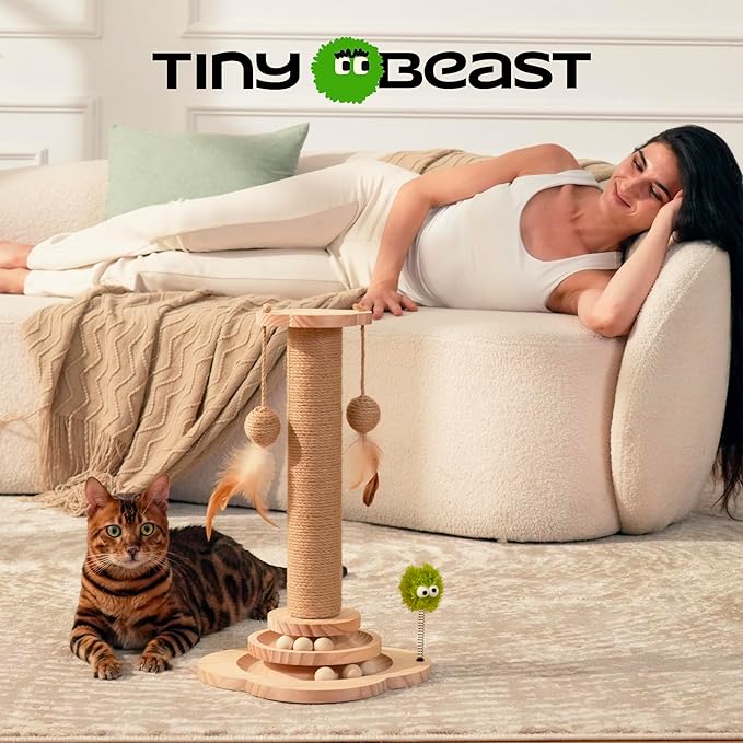 TINYBEAST Wooden Cat Scratching Post, 4 in 1 Cat Scratcher Toy with Cat Ball Tracks, 18" Tall Sisal Scratch Post for Indoor Kittens Adult Cats, Interactive Feather Toy and 2 Sisal Hanging Balls