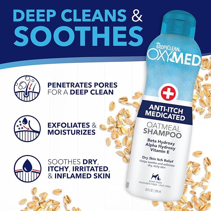 TropiClean OxyMed Dog Shampoo for Allergies and Itching , Medicated Oatmeal Shampoo for Dry Itchy Skin, Seborrhea, & Hot Spots, Cat Safe, 20oz.