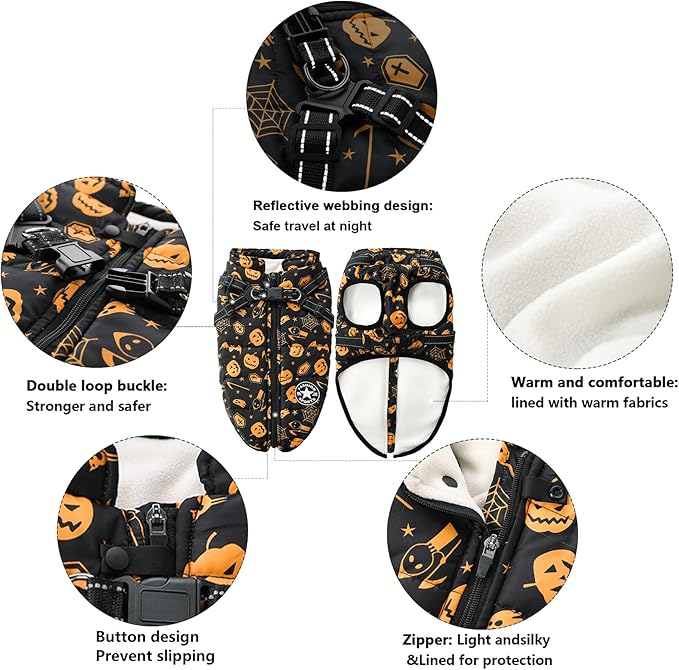 Aiboria Winter Dog Coat Windproof Fleece Jacket with Chest Strap Dog Vest Harness Halloween Black S