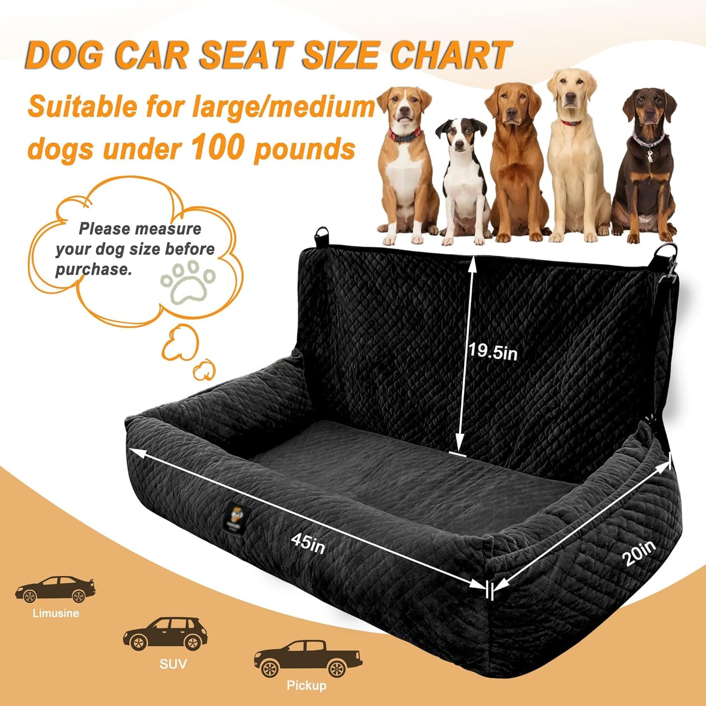 Dog Car Seat for Medium/Large Dogs Under 100 Lbs,Multi-Functional Dog Car Bed Washable Pet Travel Safety with Thick Cushion, Soft & Removable,for All Cars Back Seat (Black)