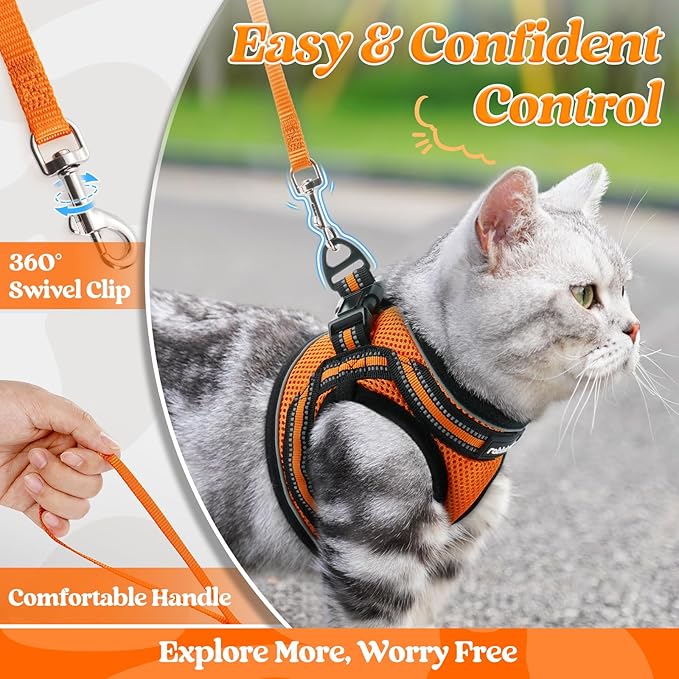 rabbitgoo Cat Harness and Leash Set for Walking Escape Proof, Adjustable Soft Kittens Vest with Reflective Strip for Cats, Comfortable Outdoor Vest,Light Orange,L