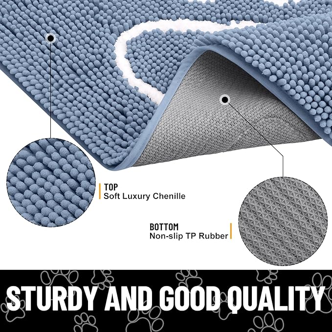 Smiry Dog Door Mat for Muddy Paws, Absorbent Dirt Trapper Non Slip Quick Dry Washable Chenille Mat for Mud Dogs, Entry Rug for Indoor and Outdoor (40x32 Inches, Airy Blue and White)