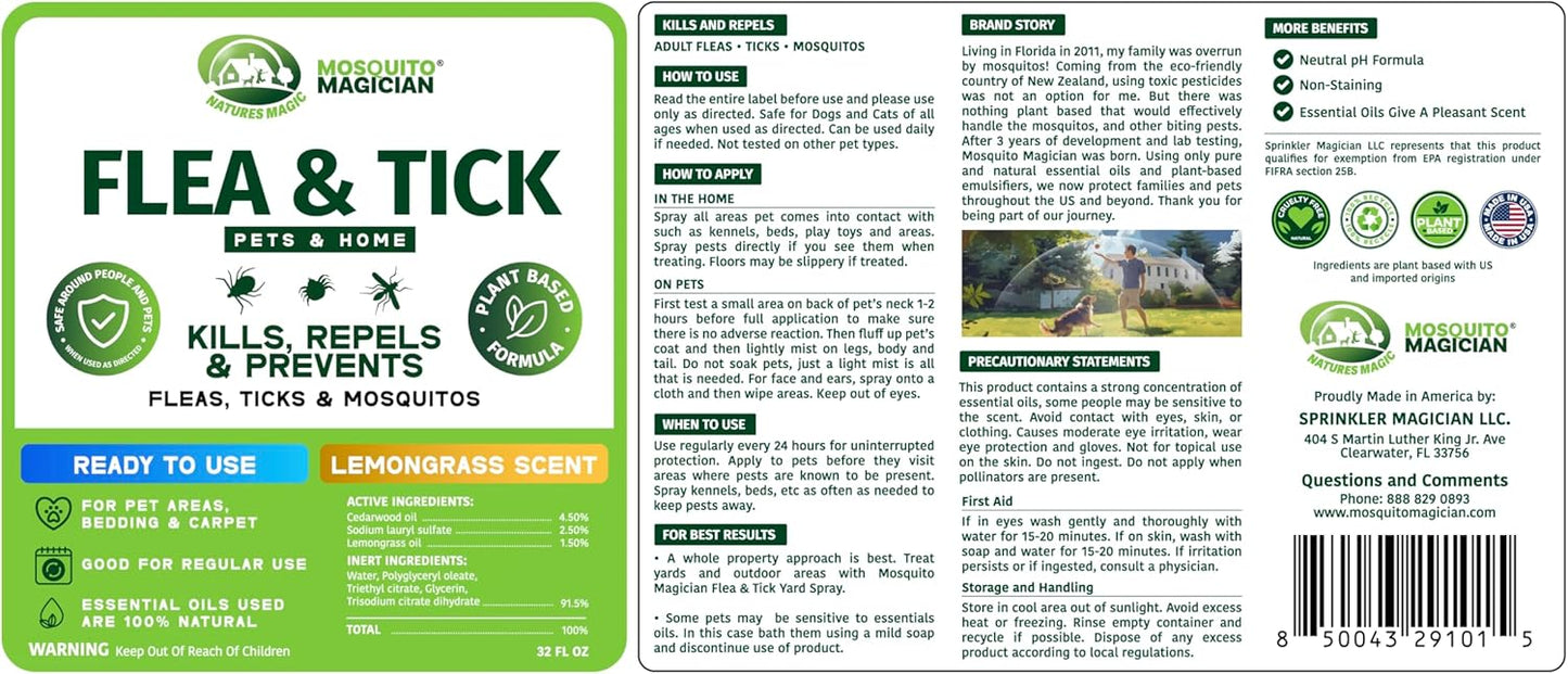 Mosquito Magician Indoor and Outdoor Spray - Use for Carpet, Furniture, Bedding, Couches & Pets – Plant-Sourced with Essential Oil – Lemongrass, 32 OZ