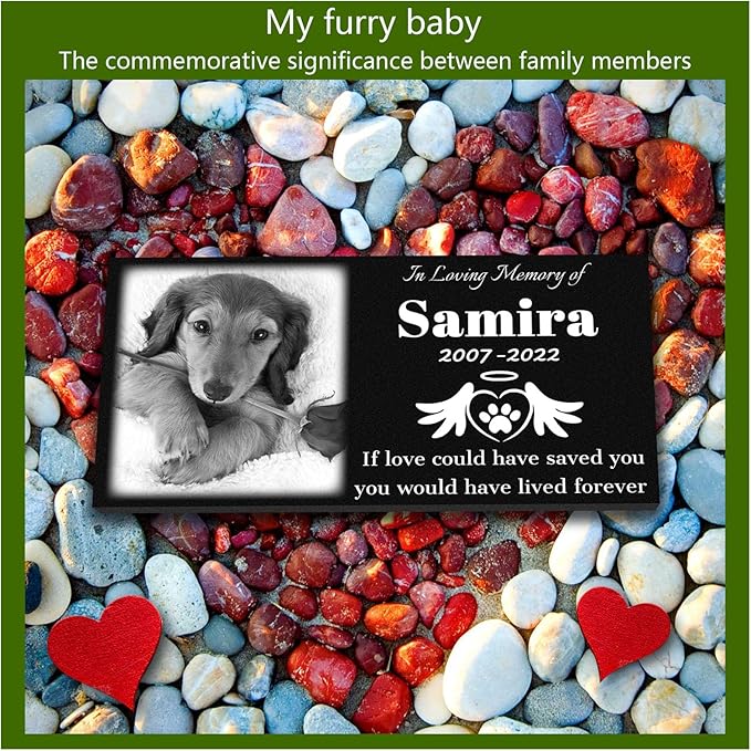 Personalized Granite Pet Grave Marker Dog, Customized 12"×6" Engrave Pet Headstones for Dog with Photo, Cat Memorial Stone Plaque for Memory Garden, Cemetery, Animals Funerary Tombstones Gift