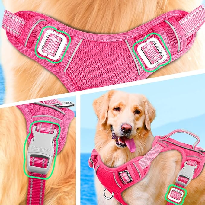 BARKBAY No Pull Dog Harness Large Reflective Dog Harness with Front Clip and Easy Control Handle for Walking Training Running with ID tag Pocket(Pink,XL)