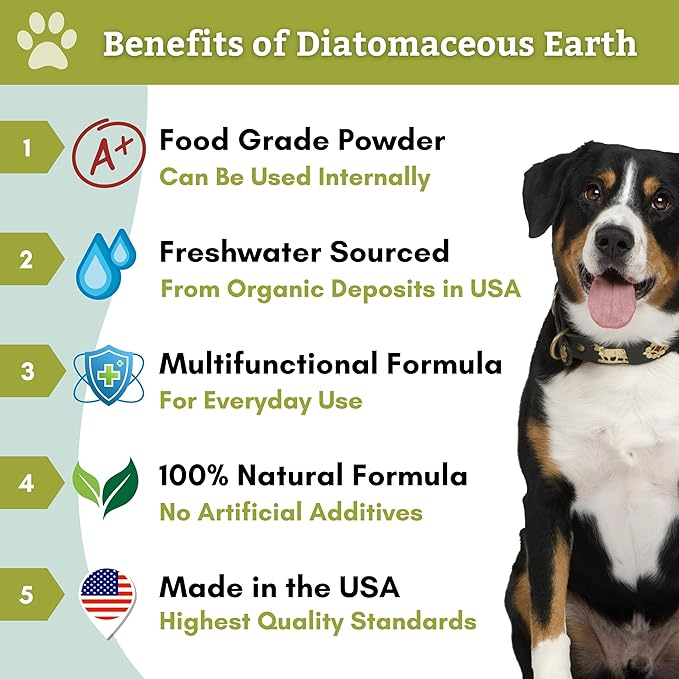 Wholistic Pet Organics Diatomaceous Earth - Food Grade for Dogs & Cats - 4 Oz - Multi Use Powder - Pet Safe Non-Chemical Freshwater Sourced Silica Supports Overall Health - Freshly Made in USA