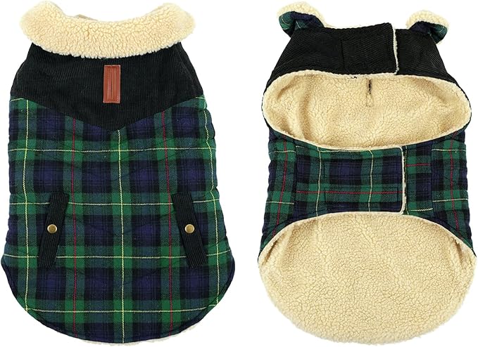 Winter Coat for Small and Medium Dogs, Puppy Plaid Jacket, Cotton Coat for Cold Weather, Windproof Warm Dog Garments, Pet Thickened Outfits Indoor Outdoor, Green XS