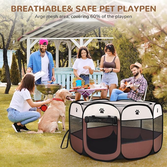 Pop-up Playpen for Puppy, Portable and Foldable Exercise Kennel Tent Crate Indoor/Outdoor Travel Camping, Removable Zipper Top