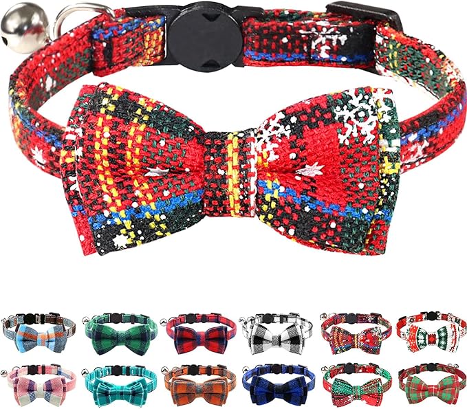 Joytale Upgraded Christmas Cat Collar with Bells, Breakaway Cat Collars with Bow Tie, 1 Pack Girl Boy Safety Plaid Kitten Collars, Christmas Red