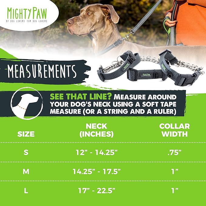 Mighty Paw Martingale Dog Collar 2.0 | Trainer Approved Limited Slip Collar with Stainless Steel Chain & Heavy Duty Buckle - Modified Cinch Collar for Gentle & Effective Pet Training - Medium, Grey