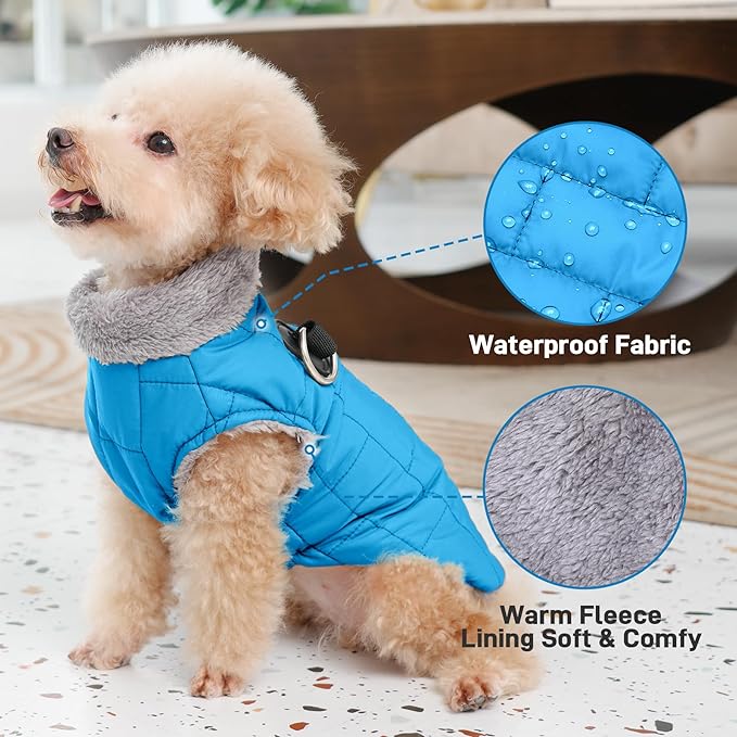 Warm Fleece Dog Coats with Durable Harness Buitl in D-Ring,Waterproof Puppy Jacket for Small Dogs,Dog Vest for Cold Winter,Light Blue XS