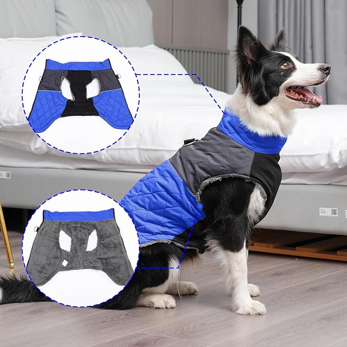 Warm Fleece Dog Coats for Medium Dogs,D-Rings Waterproof Puppy Jacket for Cold Winter,Blue L