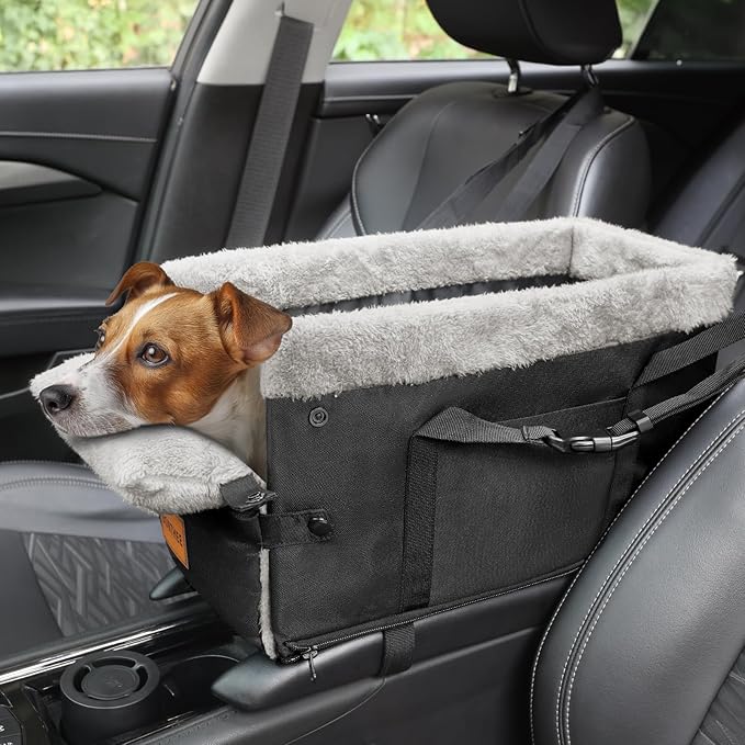 Center Console Dog Car Seat for Small Dogs,Washable Foldable Console Booster Seat for Puppy Car Seat with Safe Protection Hooks Adjustable Straps and Storage Pocket Pet Up to15lbs