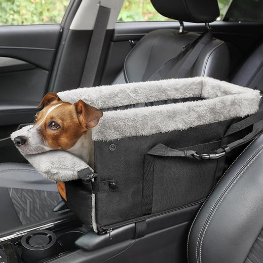 Center Console Dog Car Seat for Small Dogs,Washable Foldable Console Booster Seat for Puppy Car Seat with Safe Protection Hooks Adjustable Straps and Storage Pocket Pet Up to15lbs
