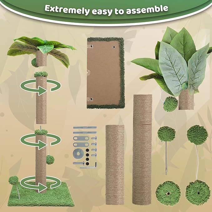 Cat Scratching Post, 34'' Tall Cat Scratchers for Indoor Cats with Hanging Balls, Tall Cute Sisal Kitten Scratch Post with Reinforced Stable Base, Green, Medium