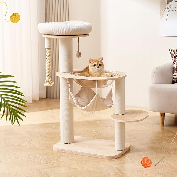 Modern Cat Tree Tower with Hammock for Indoor, Multifunctional 41-in Spacious Cat Tower with Bed, Space Capsule, Dangling Ball, Interactive Rope, Scratching Post
