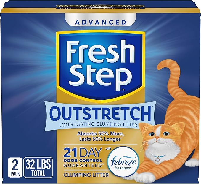 Fresh Step Outstretch Advanced Long Lasting Clumping Litter with Febreze Freshness, Activated Charcoal Litter Lasts 50% Longer, 32 lbs. (2 x 16 lb. Box)