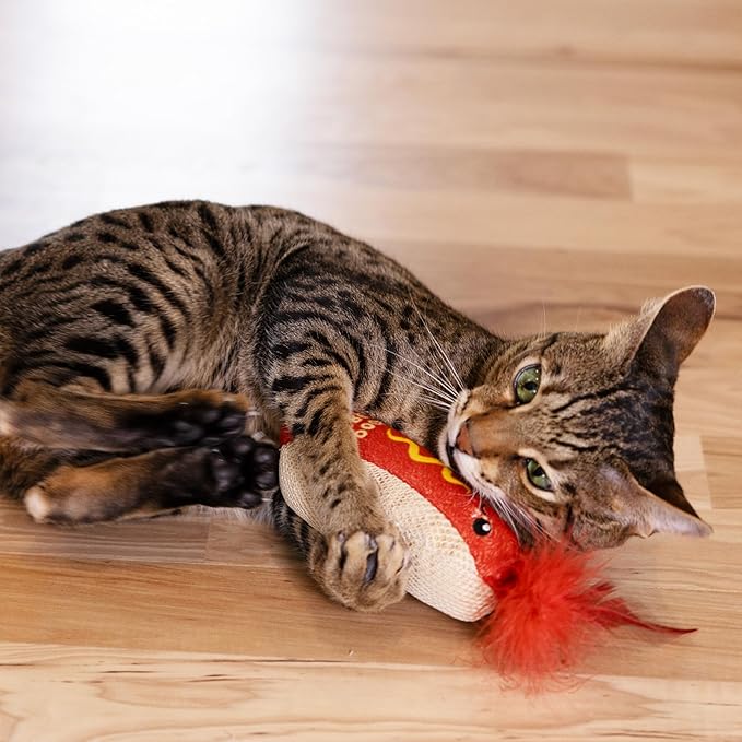 Catstages Hotdog Kicker Toy with Catnip and Dental Mesh, Hot Dog Shape, Plush and Feather Cat Toy for Kicking, Tossing, and Teeth Cleaning, Brown