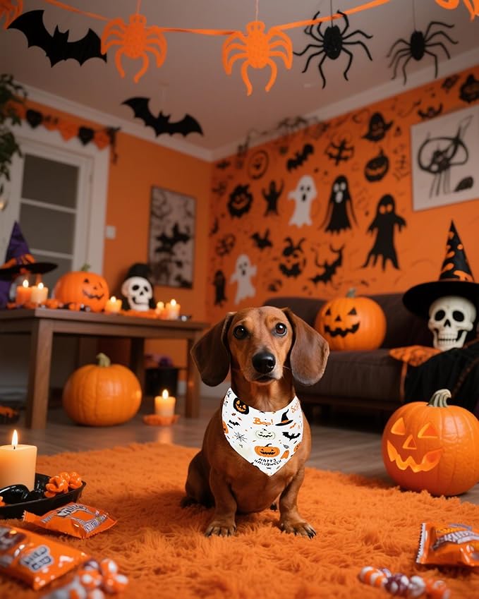 PET SHOW 100 Pack Halloween Small Dog Bandanas Bulk No Seam Pumpkin Ghost Triangle Bibs Scarves for Girl Boy Pets Adjustable Grooming Kerchiefs for Medium Dogs Costume Accessories(Medium)