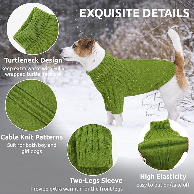 Queenmore Medium Dog Sweaters for Male Female Dogs, Soft Cozy Turtleneck Doggy Sweater for Winter, Long Sleeve Warm Puppy Pullover, Winter Xmas Pet Clothes for French Bulldog Dachshund (Green,M)