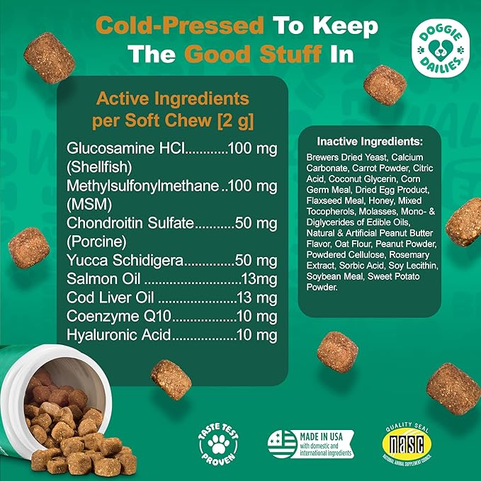 Doggie Dailies, Hip and Joint Supplement for Dogs, Glucosamine Chondroitin, Premium Hip and Joint Chews for Dogs All Breeds & Sizes, Dog Vitamins and Supplements, (Peanut Butter) 225 Chews