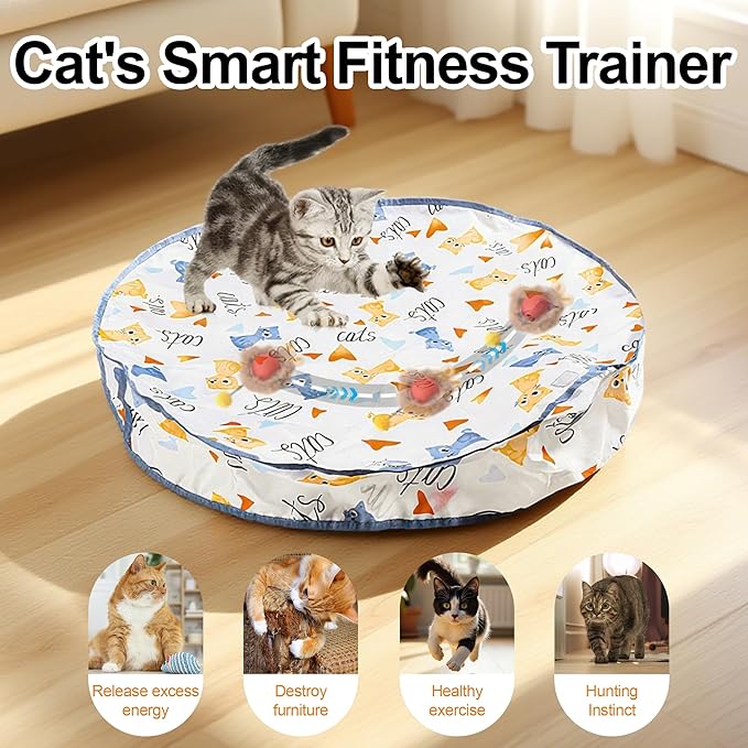 Interactive Cat Toys Ball - 2pcs Automatic Fast Rolling Ball in Play Mat, Hide and Seek Mouse Catching Game, Low-Noise Cat Enrichment Toys in Pouch for Indoor Bored Cats(Paw Print Pattern - Square)