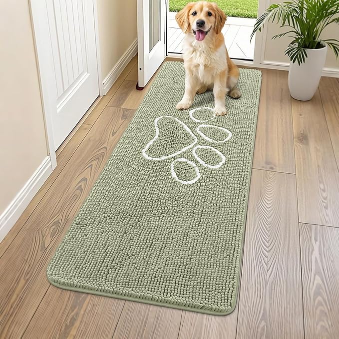 Smiry Dog Door Mat for Muddy Paws, Absorbent Dirt Trapper Non Slip Quick Dry Washable Chenille Mat for Mud Dogs, Entry Rug for Indoor and Outdoor (59x24 Inches, Sage Green)