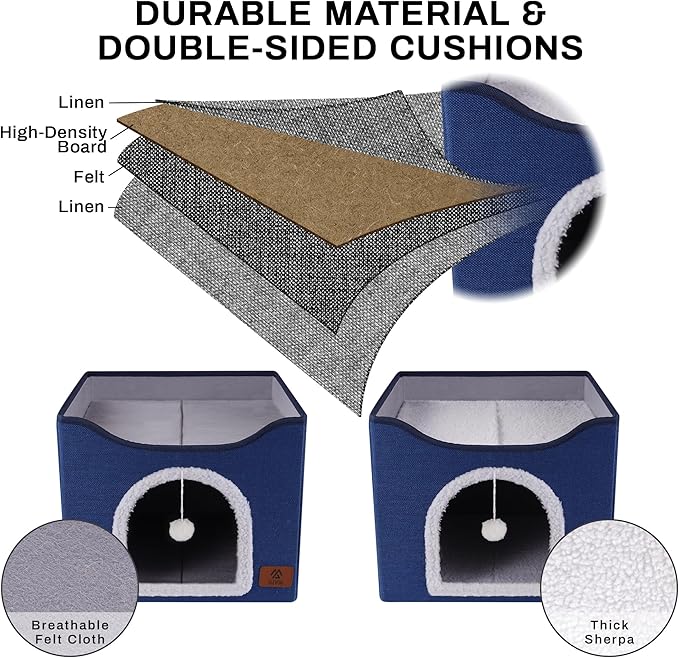 Cat Beds for Indoor Cats, Cat House Cat Cave Beds with Scratch Pad, Foldable Cat Condo Hut with Hanging Ball, Covered Cat Tent for Hideaway, Cute Cat Tunnel Bed for Small Pet Kitten Kitty(Blue)
