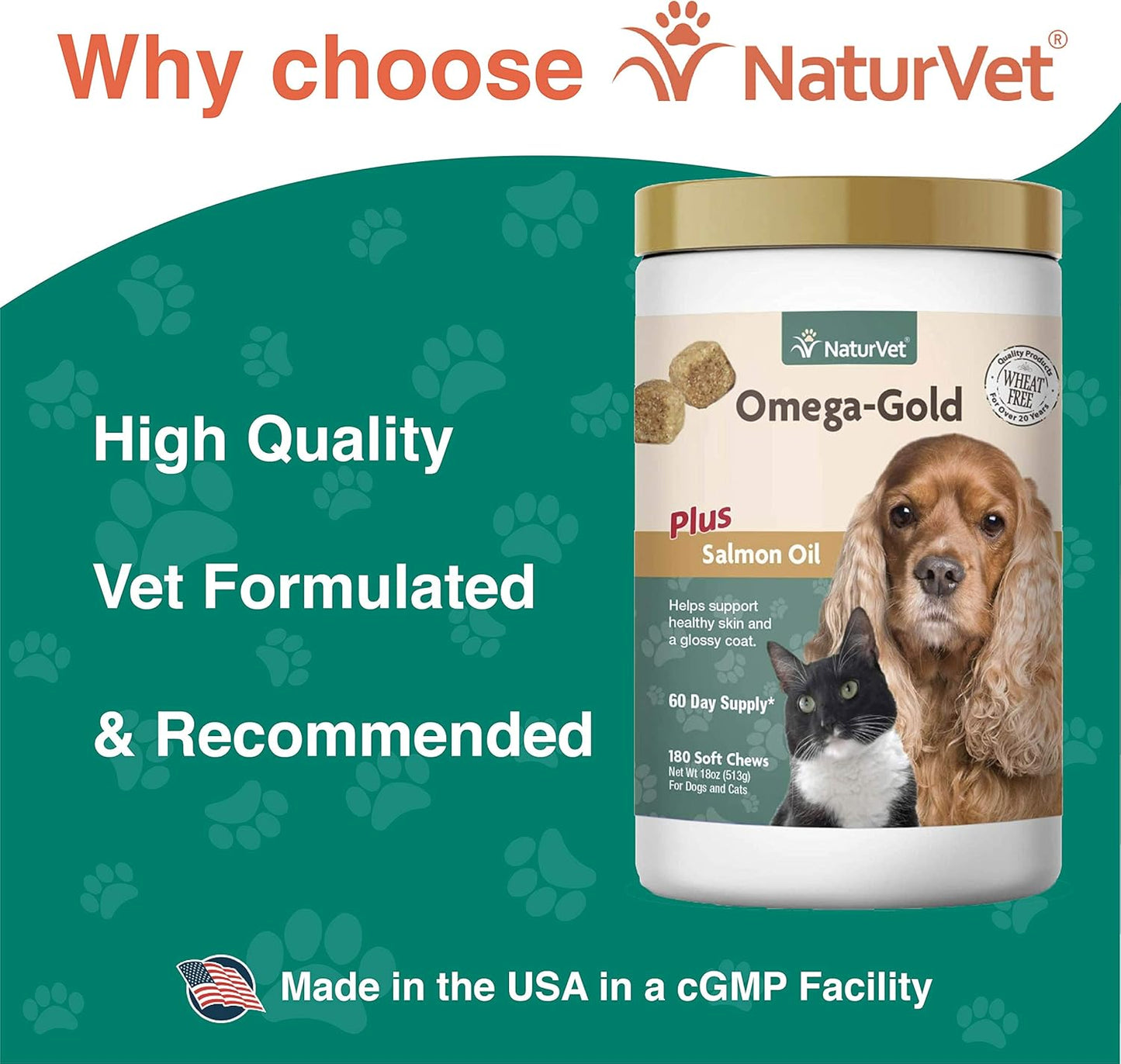 NaturVet – Omega-Gold Plus Salmon Oil | Supports Healthy Skin & Glossy Coat | Enhanced with DHA, EPA, Omega-3 & Omega-6 | for Dogs & Cats | 180 Soft Chews