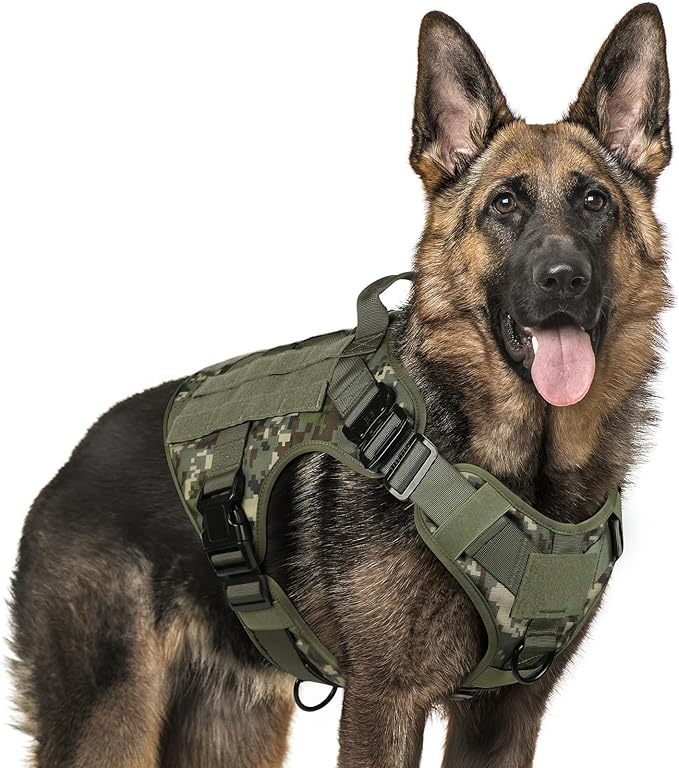 rabbitgoo Tactical Dog Harness for Large, Heavy Duty Pet Harness with Handle, No-Pull Service Vest Large Breed, Adjustable Military Dog Vest for Training Hunting Walking, Green Camo, XL
