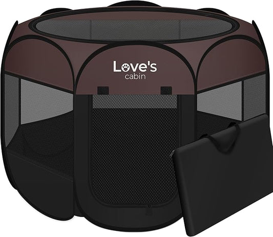 Love's cabin Pet Puppy Dog Playpen, Small Dog Tent Crates Cage Indoor/Outdoor, Portable Playpen for Cat, Foldable Pop Up Dog Kennel Playpen with Carring Case, Removable Zipper Top, Brown