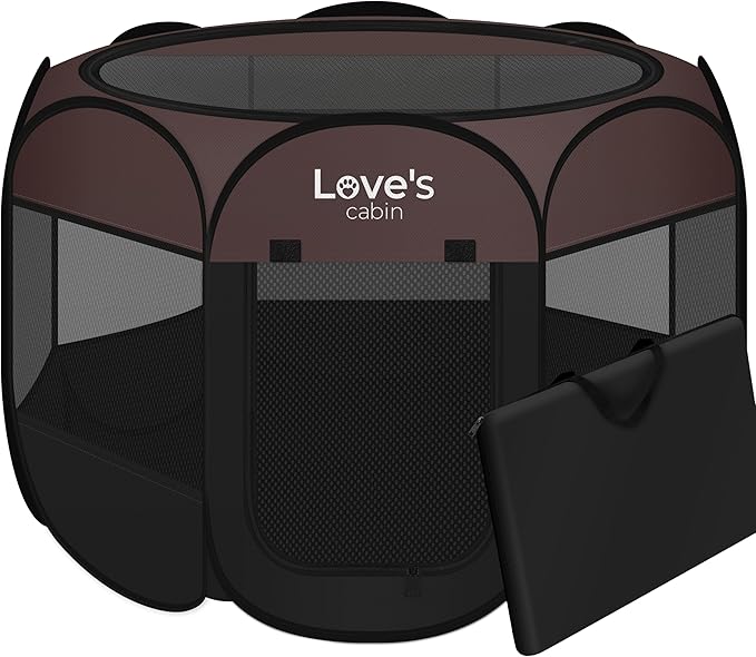 Love's cabin Pet Puppy Dog Playpen, Large Dog Tent Crates Cage Indoor/Outdoor, Portable Playpen for Cat, Foldable Pop Up Dog Kennel Playpen with Carring Case, Removable Zipper Top, Brown