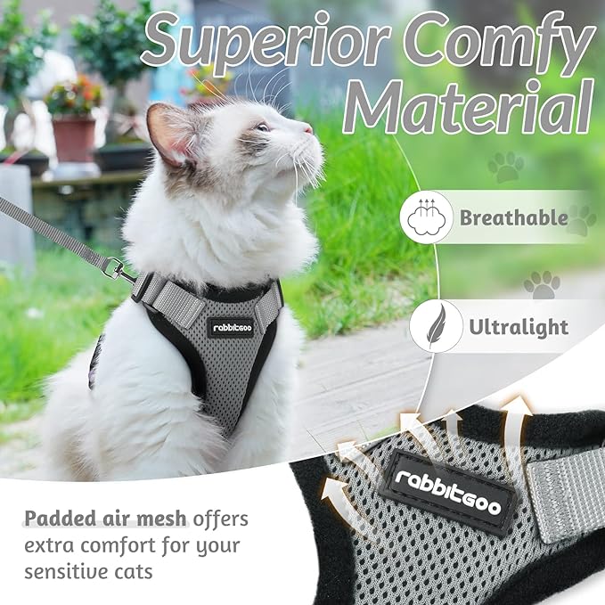 rabbitgoo Cat Harness and Leash for Walking, Escape Proof Soft Adjustable Vest Harnesses for Cats, Easy Control Breathable Reflective Strips Jacket, Grey, M