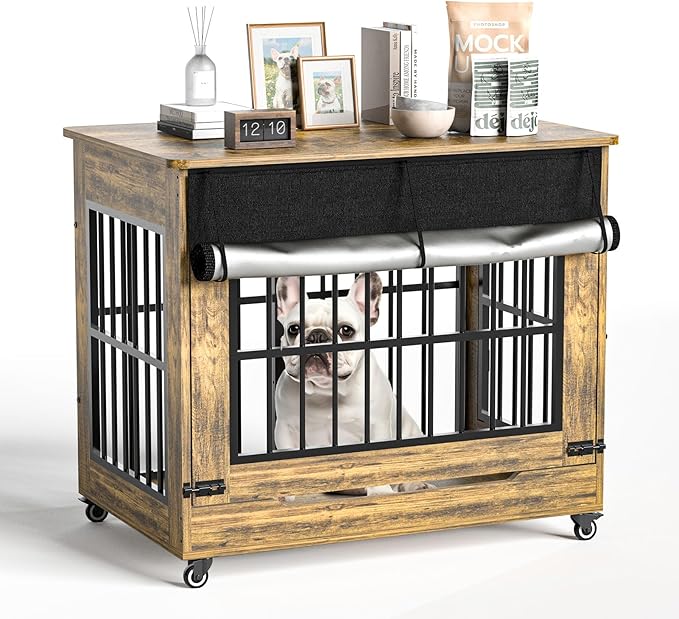 38" Dog Crate Furniture, Double Door Wooden Indoor Dog Kennel Furniture, Decorative Pet Cage End Table with Wheels for Large and Medium Breed Dogs, Size L, Rustic Brown