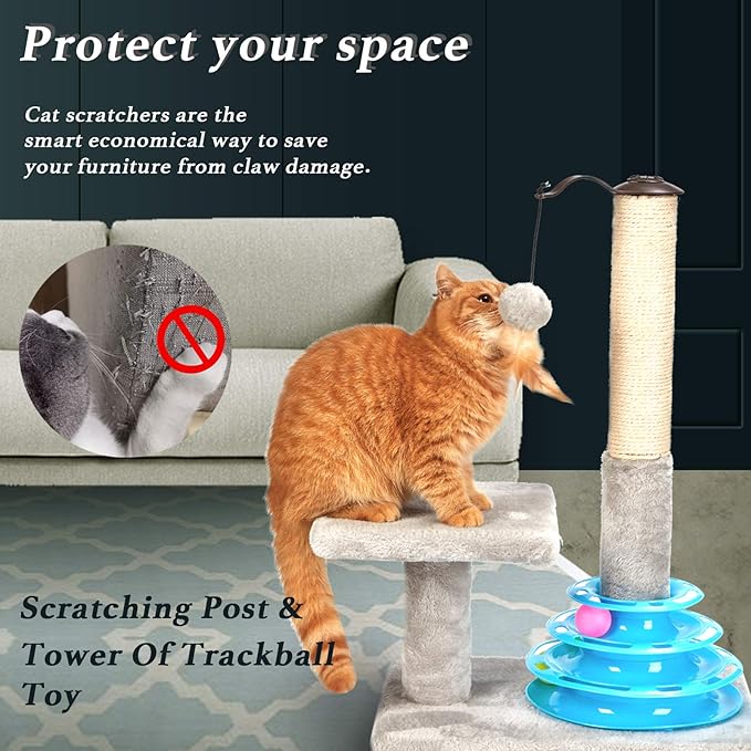 PEEKAB Cat Scratching Post Kitten Sisal Scratcher Tree with Tracks Toy Balls for Indoor Cats and Kittens 25 inches